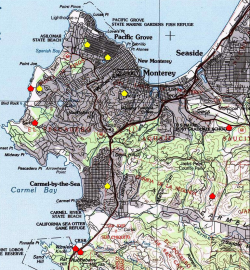 A red polygon indicates an extant occurrence; yellow indicates the occurrence has been extirpated 